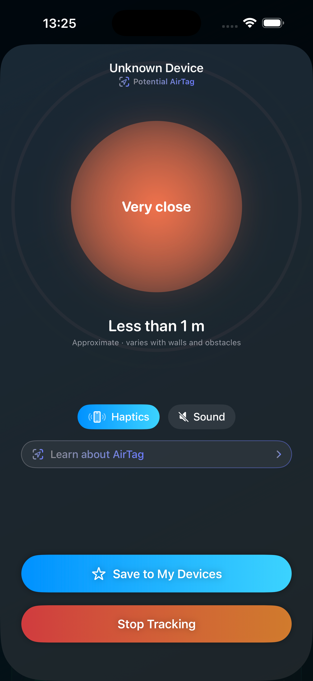 TraceIt locating a potential AirTag with its proximity finder